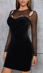Black CrewNeck Mesh Stitched Velvet Dress