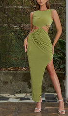 Cut Out Ruched Midi Dress In Green
