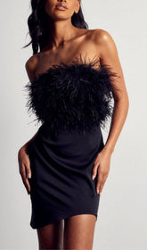 Black Strapless FeaTher Bodycon Mini Dress