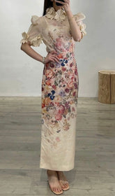 Printed Floral Appliqued Mesh Midi Dress