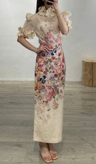 Printed Floral Appliqued Mesh Midi Dress