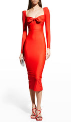 Bandage Long Sleeve Midi Dress In Red