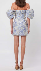 Puff Floral Print Mini Dress In Blue
