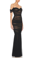 Off Shoulder Mesh Ruched Maxi Dress