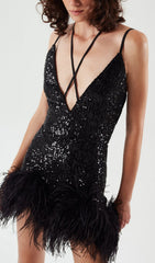 FeaTher V Neck Mini Dress In Black