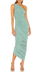 Pleated Sleeveless One-Shoulder Dress In Green