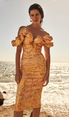Jacquard Off Shoulder Midi Dress In YelLow