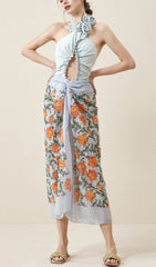 Blue Halter 3D Flower One Piece Swimsuit And Sarong