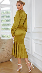 Long Sleeves Ruched Midi Dress In YelLow