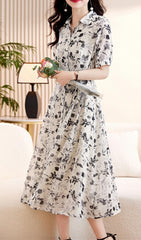 Casual Floral Short Sleeve Shirt Dress In Black