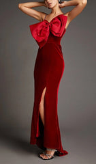 DARK Red Front Bow Side Slit Mermaid Maxi Dress