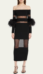Bandage Off-Shoulder FeaTher Midi Dress In Black