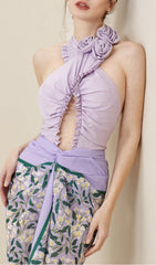 Purple Halter 3D Flower One Piece Swimsuit And Sarong