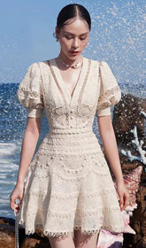 Lace V-Neck Midi Dress In White