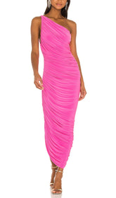 Pleated Sleeveless One-Shoulder Dress In Pink