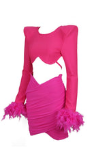 Shoulder Pad Waist Baring FeaTher Blouse Pleated Dress In Pink