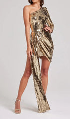 Sequins One Shoulder Mini Dress In Gold