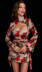 Rose Print Cut Out Draped Mini Dress