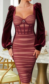 SquAre-Neck Puff Sleeve Mesh Pleated Stitched Velvet Waist Midi Dress