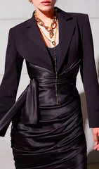 FAKE Two-Piece Satin Stitched Suit Collar Midi Dress