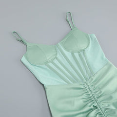 Green Satin SweeTheart Neck Corset Front Split Maxi Dress