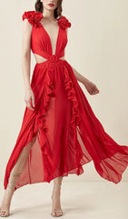 Deep V Red Cutout One Piece Swimsuit And Skirt