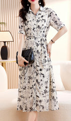 Casual Floral Short Sleeve Shirt Dress In Black