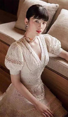 Lace V-Neck Midi Dress In White