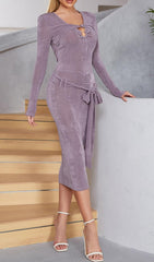 Knit Cutout Long Sleeves Midi Dress In Purple