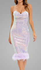 Purple Strapless Sequin FeaTher Midi Dress