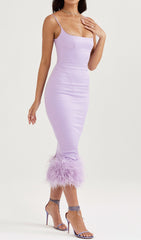 Purple FeaTher Satin Midi Dress