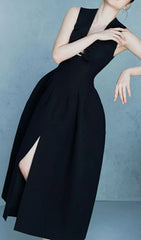 Deep V-Neck Bow Cut-Out Slit Midi Dress