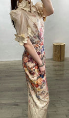 Printed Floral Appliqued Mesh Midi Dress
