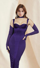 Purple Long Sleeves Cutout Midi Bandage Dress