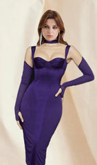 Purple Long Sleeves Cutout Midi Bandage Dress