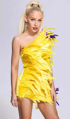 Asymmetric FeaTher Mini Dress In YelLow