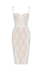 Floral Detail Corset Midi Dress In White