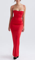 Red Satin Corset Maxi Dress