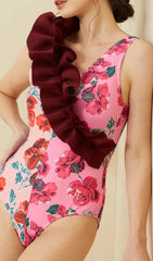 Ruffled Floral Print Splicing One Piece Swimsuit