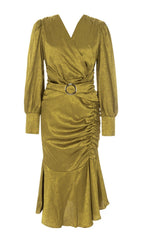 Long Sleeves Ruched Midi Dress In YelLow
