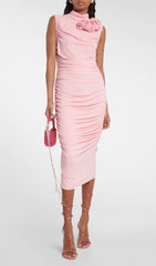 Ruched Appliqued Midi Dress In Light Peach