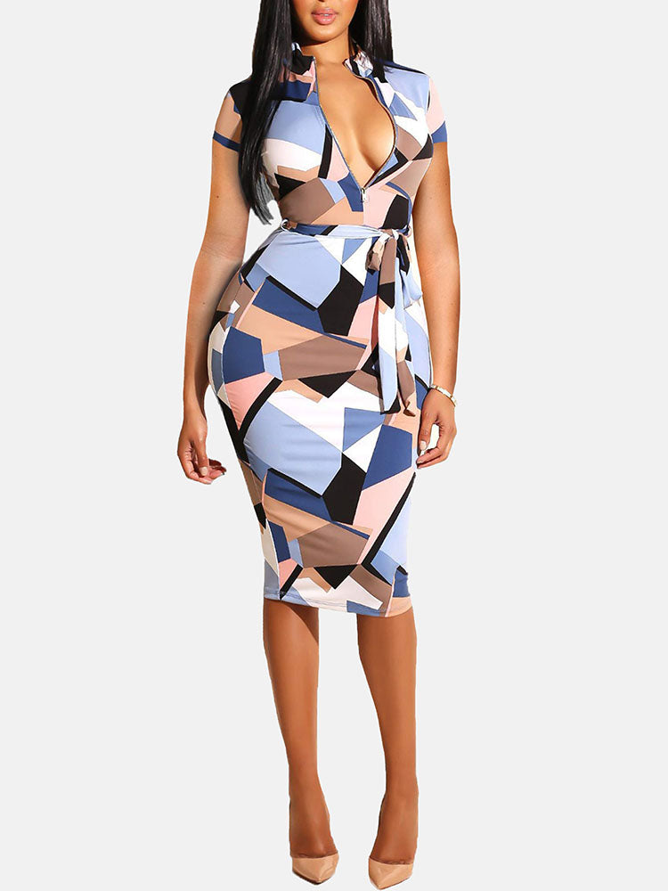 Zipper Front Geometric Print Midi Dress