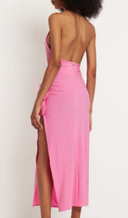 HalterNeck Draped Appliqued STRETCH-JERSEY Midi Dress
