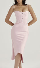PERIWInKLE Satin Corset Midi Dress In Pink