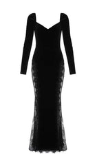 Burgundy SquAre-Neck Lace Stitched Bag BUTTOCK Velvet Maxi Dress