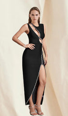 Black DRILL Chain Midi Bandage Dress