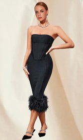 Black Strapless Midi WOOL Bandage Dress