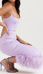 Purple FeaTher Satin Midi Dress