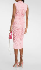 Ruched Appliqued Midi Dress In Light Peach