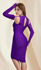 Purple Long Sleeves Cutout Midi Bandage Dress